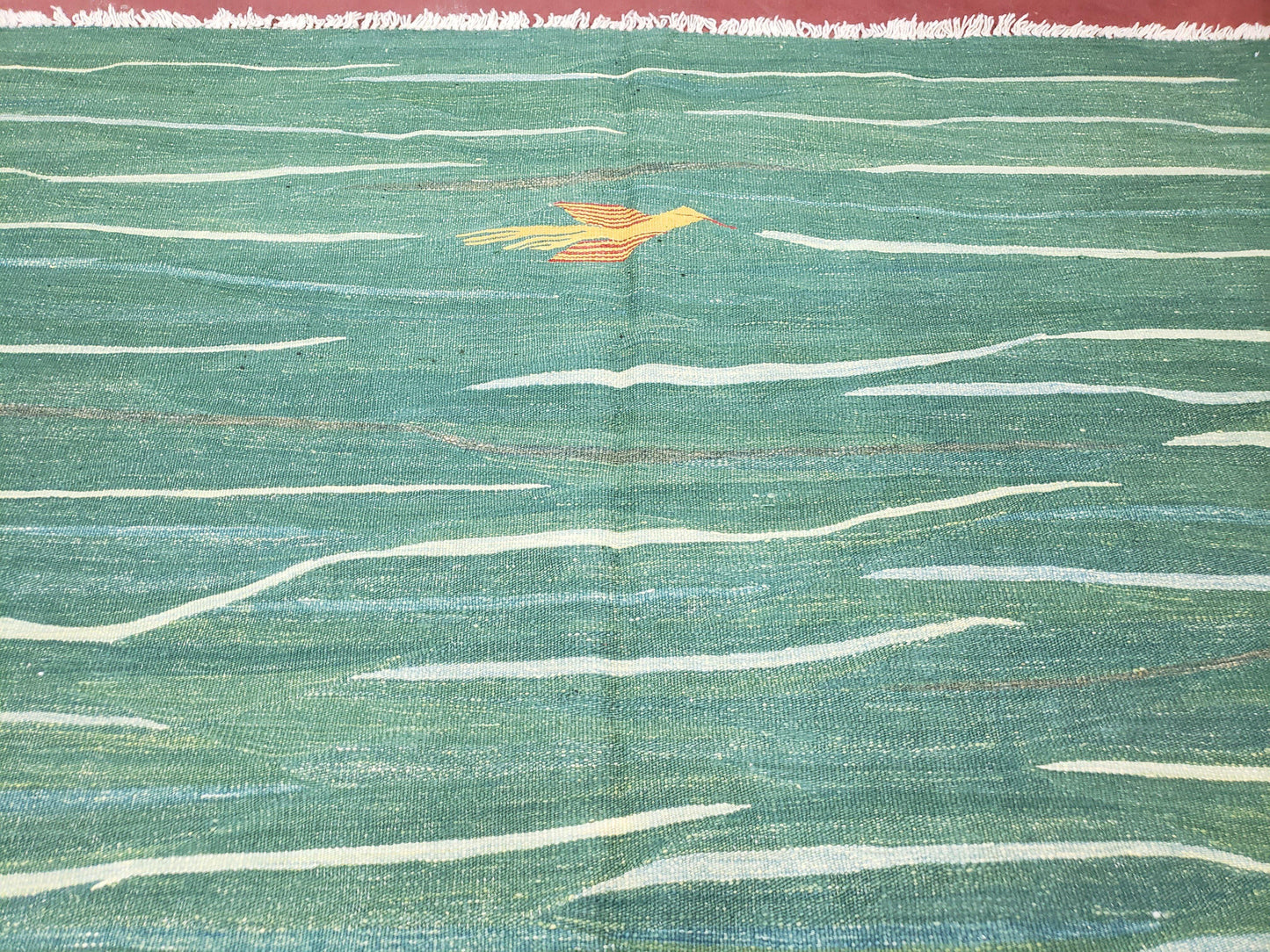Green Turkish Kilim Rug, 6x9 - 7x10 Rugs, Bird, Handmade New Area Rug, Wool, Bohemian Boho Decor, Hand Woven, Modern Abstract Flat Weave Rug - Nuvé