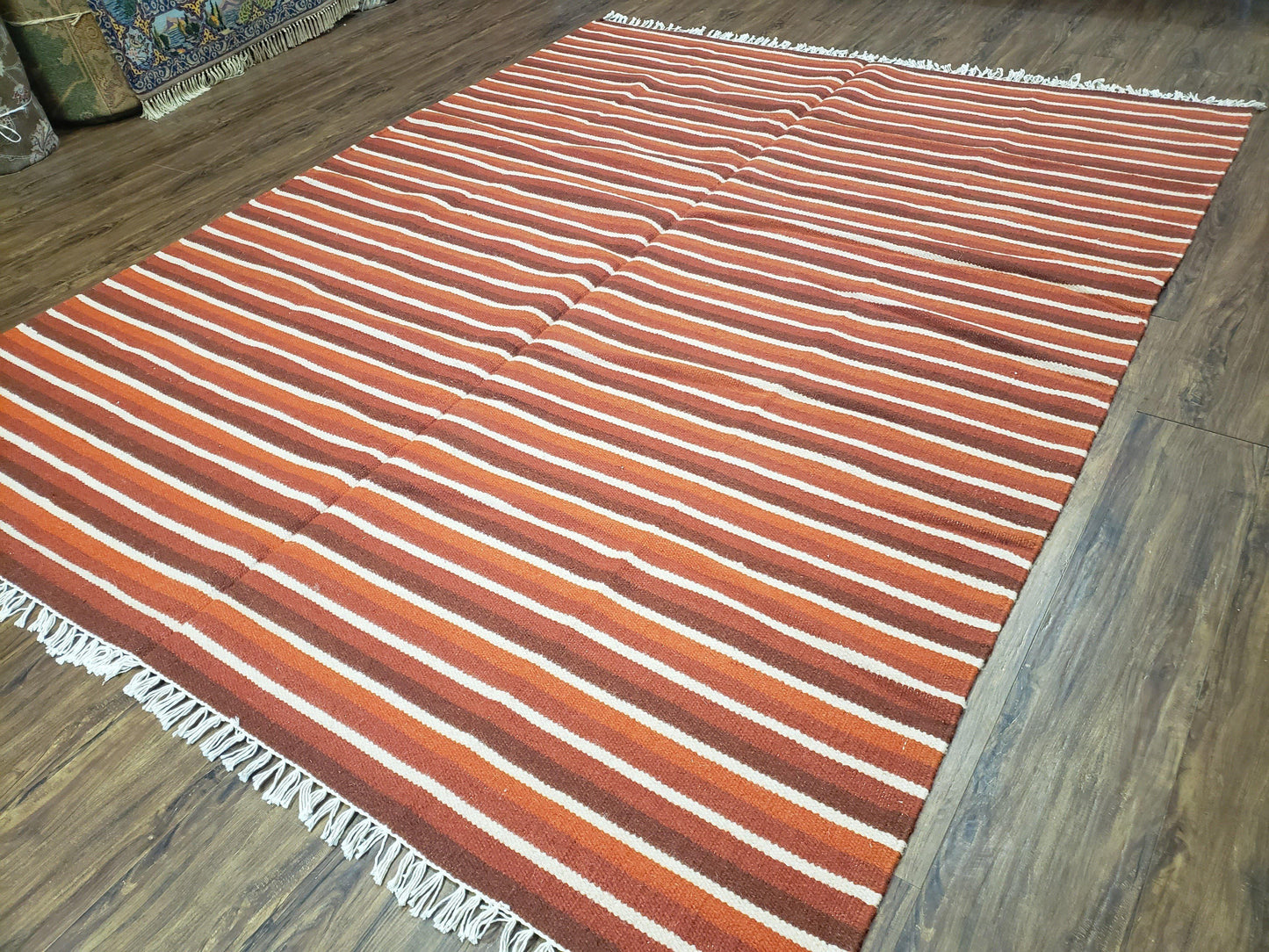 Large Striped Woolen Handmade Throw Blanket, Twin Size Bedding Hand-Woven, Indian Kilim Area Rug, 6x8 - 7x8, South American Style Textile - Nuvé