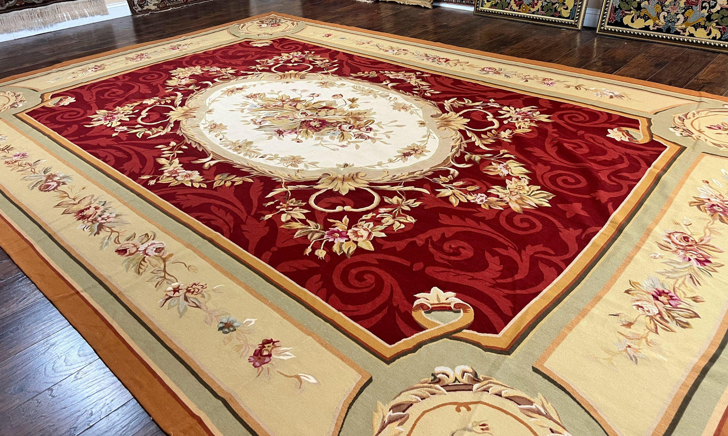 Large Aubusson Rug 10x14, Wool Handmade Vintage Carpet, Dark Red Ivory Tan, French European Elegant Aubusson Weave Rug - Nuvé