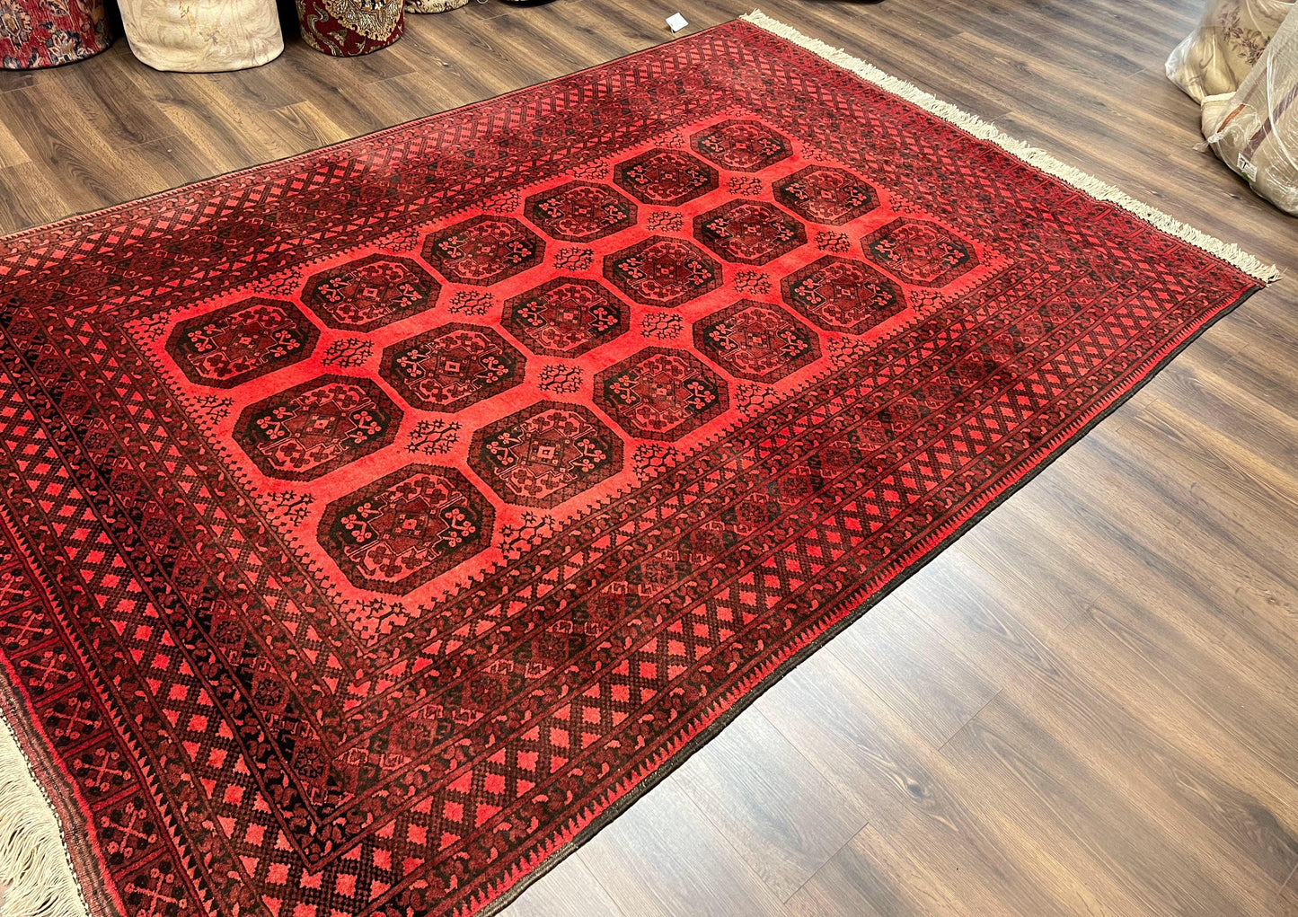 Afghan Turkoman Rug 7x10, Vintage Yamud Beshir Bokhara Carpet, Red and Black Bukhara Hand-Knotted Oriental Wool Handmade Rug, Elephant Foot - Nuvé