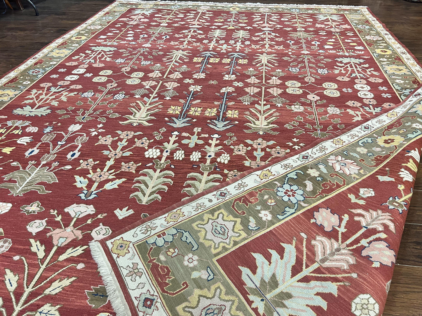 Indian Rug 10x14, Wool Hand Knotted Flatweave Carpet, Tree of Life, Red and Green - Nuvé