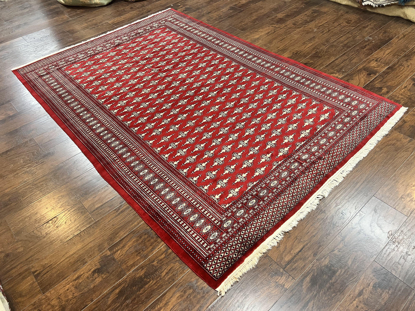 Pakistani Turkoman Bokhara Rug 6x9, Fine Wool Vintage Hand Knotted Handmade Yamud Oriental Carpet 6 x 9, Red Turkoman Rug, Tribal Rug - Nuvé