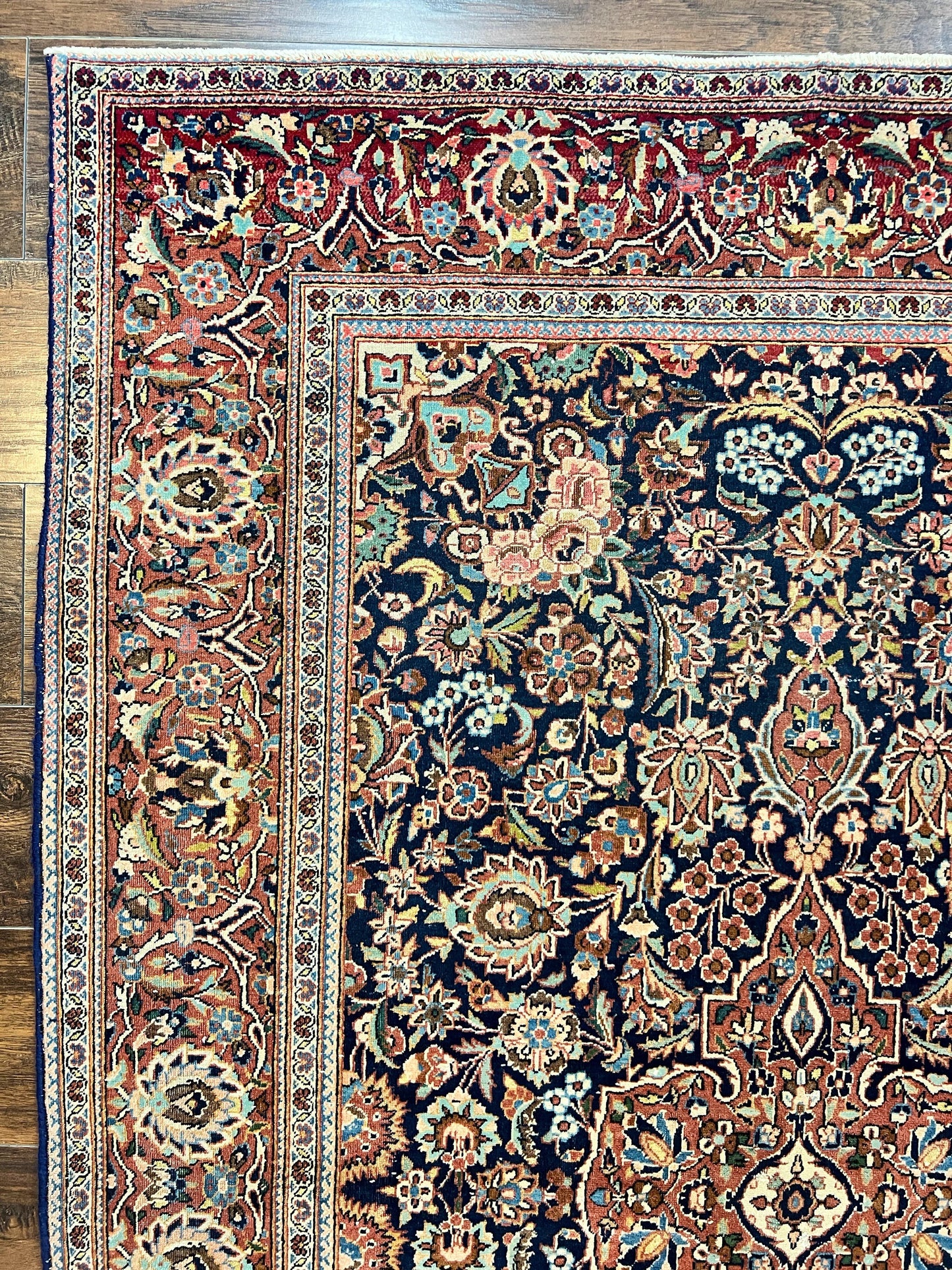Persian Kashan Rug 4x7, Floral Medallion Vintage Handmade Hand Knotted Navy Blue & Red Wool Oriental Carpet, Highly Detailed Semi Antique Rug - Nuvé