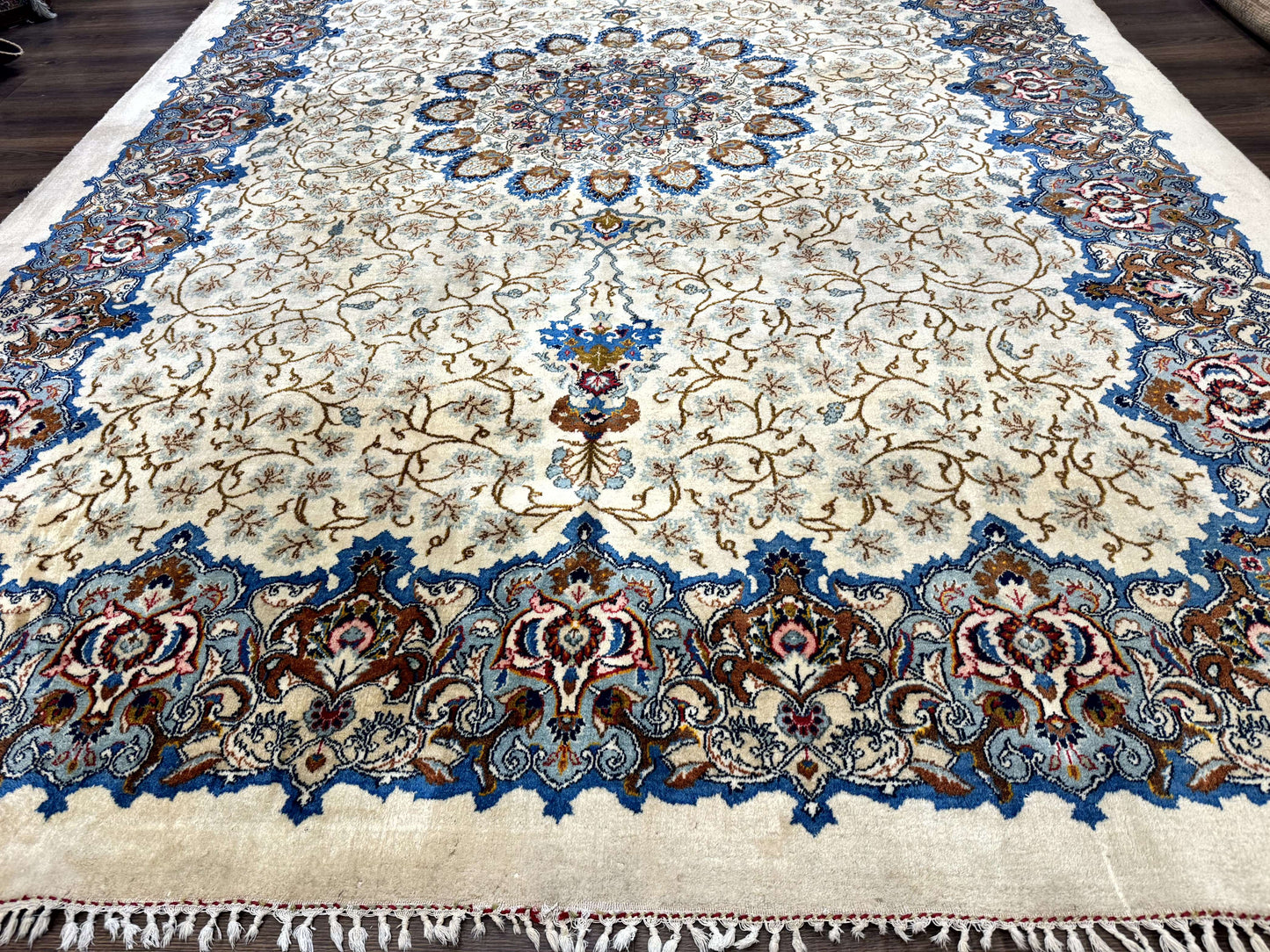 Persian Kashan Rug 9 x 12.6, Ivory and Blue, Floral Medallion, Wool Hand Knotted Semi Antique Carpet - Nuvé