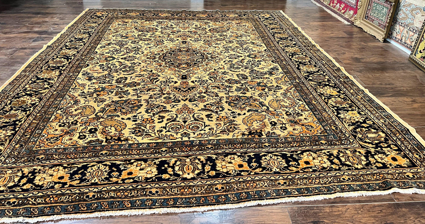 Antique Persian Rug 9x11, Wool Handmade 1920s Oriental Carpet, Persian Hamadan Anjelas Rug, Cream Black, Floral Allover Oriental Rug 9 x 11 Room Sized Rug - Nuvé
