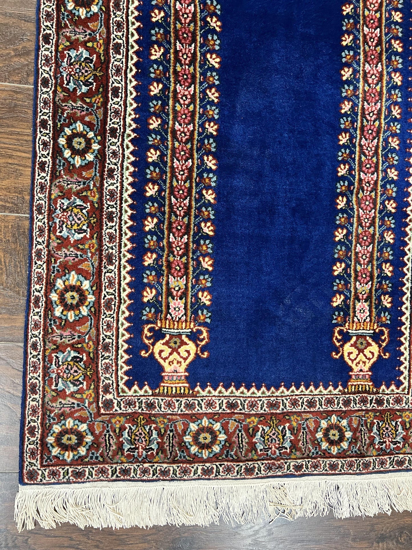 Indo Persian Prayer Rug 3x5, Fine Oriental Carpet, Dark Blue and Red, Vintage Hand Knotted Handmade Prayer Rug - Nuvé
