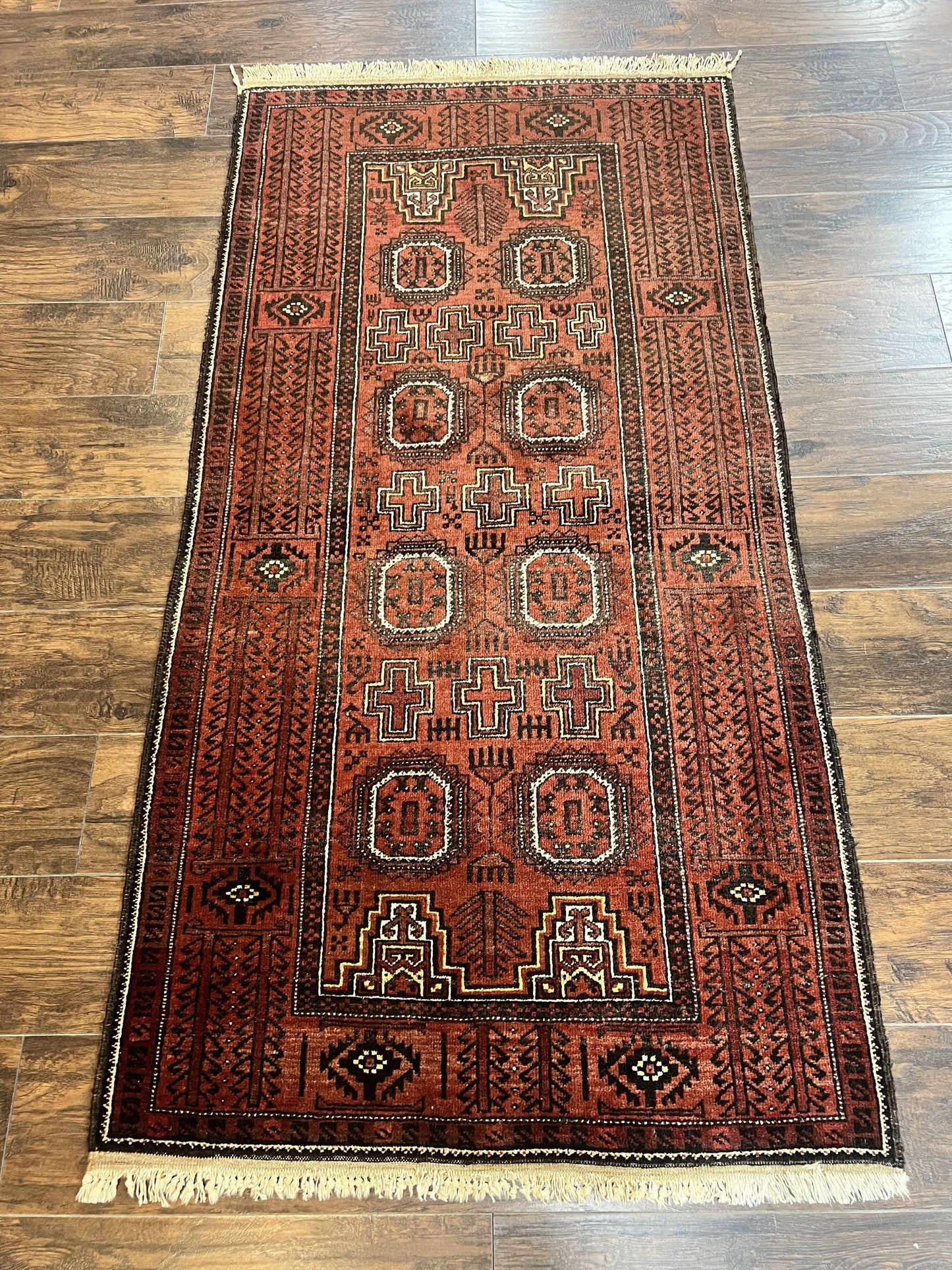 Antique Persian Turkoman Rug 3x6, Wool Tribal Handmade Carpet, Red and Black - Nuvé