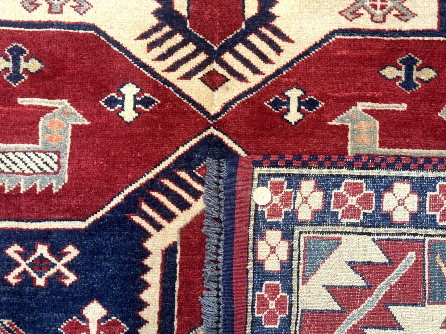 Turkish Kazak Rug 6x8, Caucasian Design, Geometric Medallions, Red Blue Beige - Nuvé