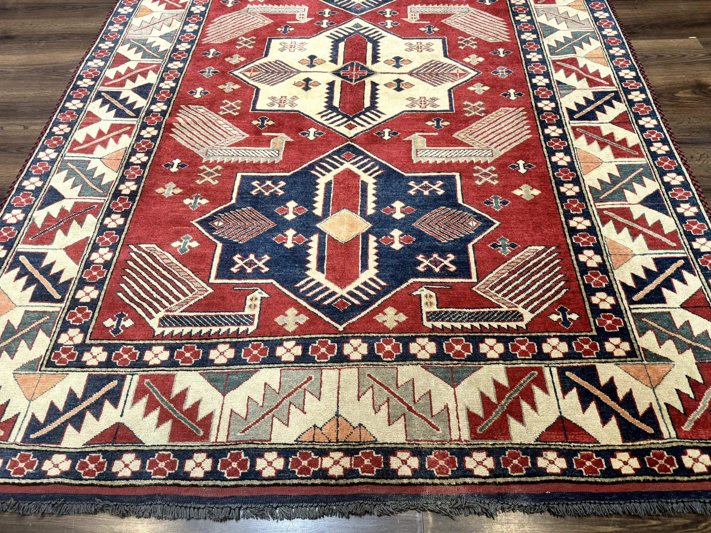 Turkish Kazak Rug 6x8, Caucasian Design, Geometric Medallions, Red Blue Beige - Nuvé
