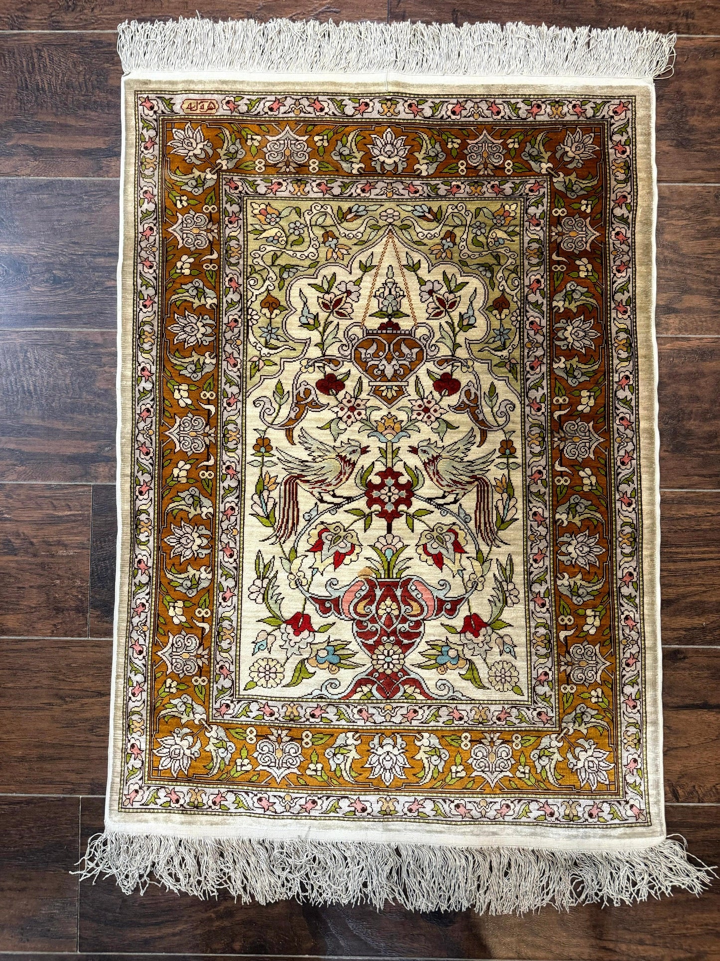 Silk Turkish Hereke Rug 2x3, Birds Lantern Very Fine 400 KPSI, Signed by Masterweaver, Wonderful, Rare, Small Hereke Rug - Nuvé