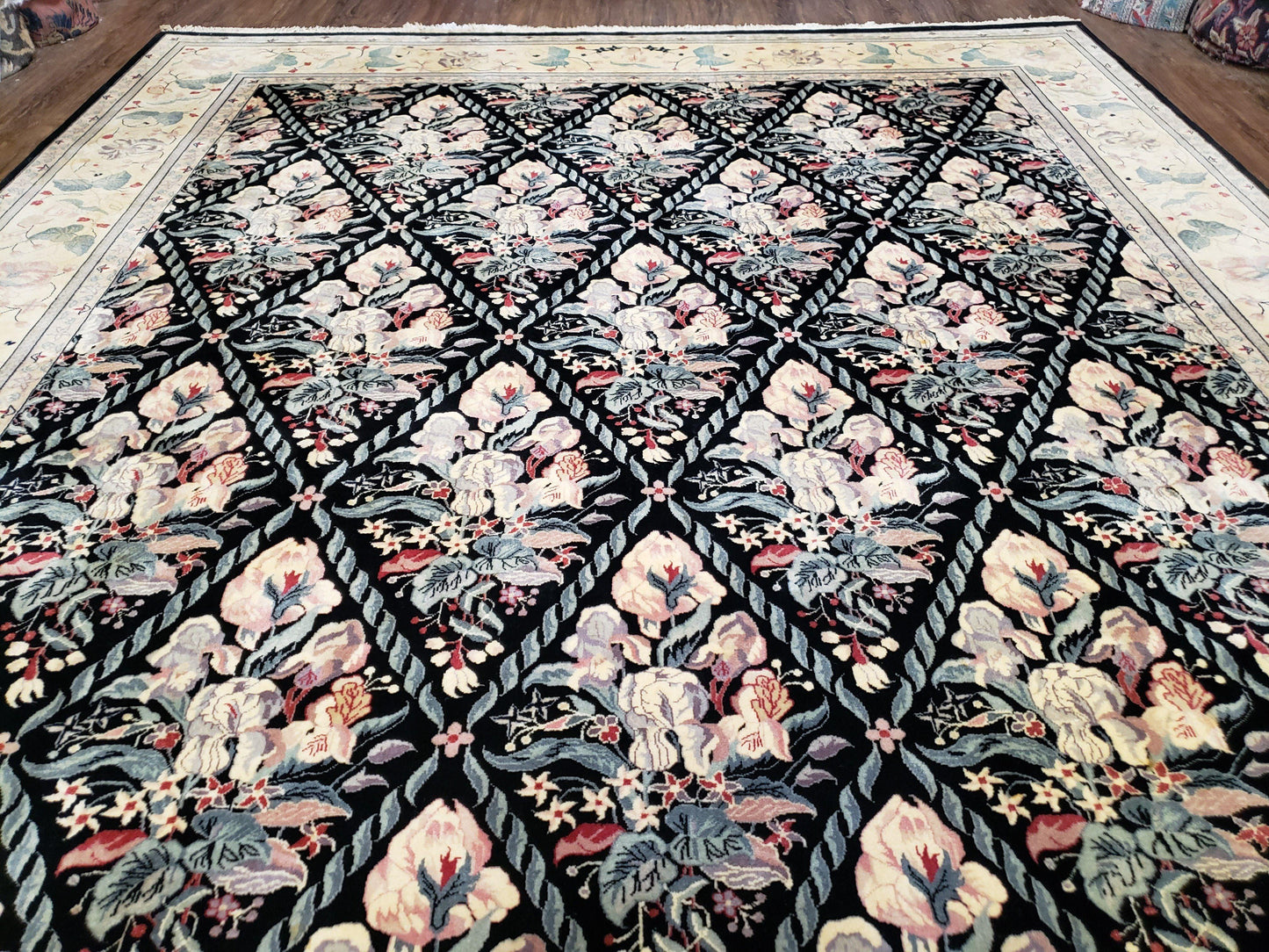 Black Kirman Rug, 8x11 - 9x12 Rug, Sino-Persian Rug, Floral Oriental Carpet, Handmade Rug, Black and Ivory Rug, Room Sized Area Rug, Wool - Nuvé