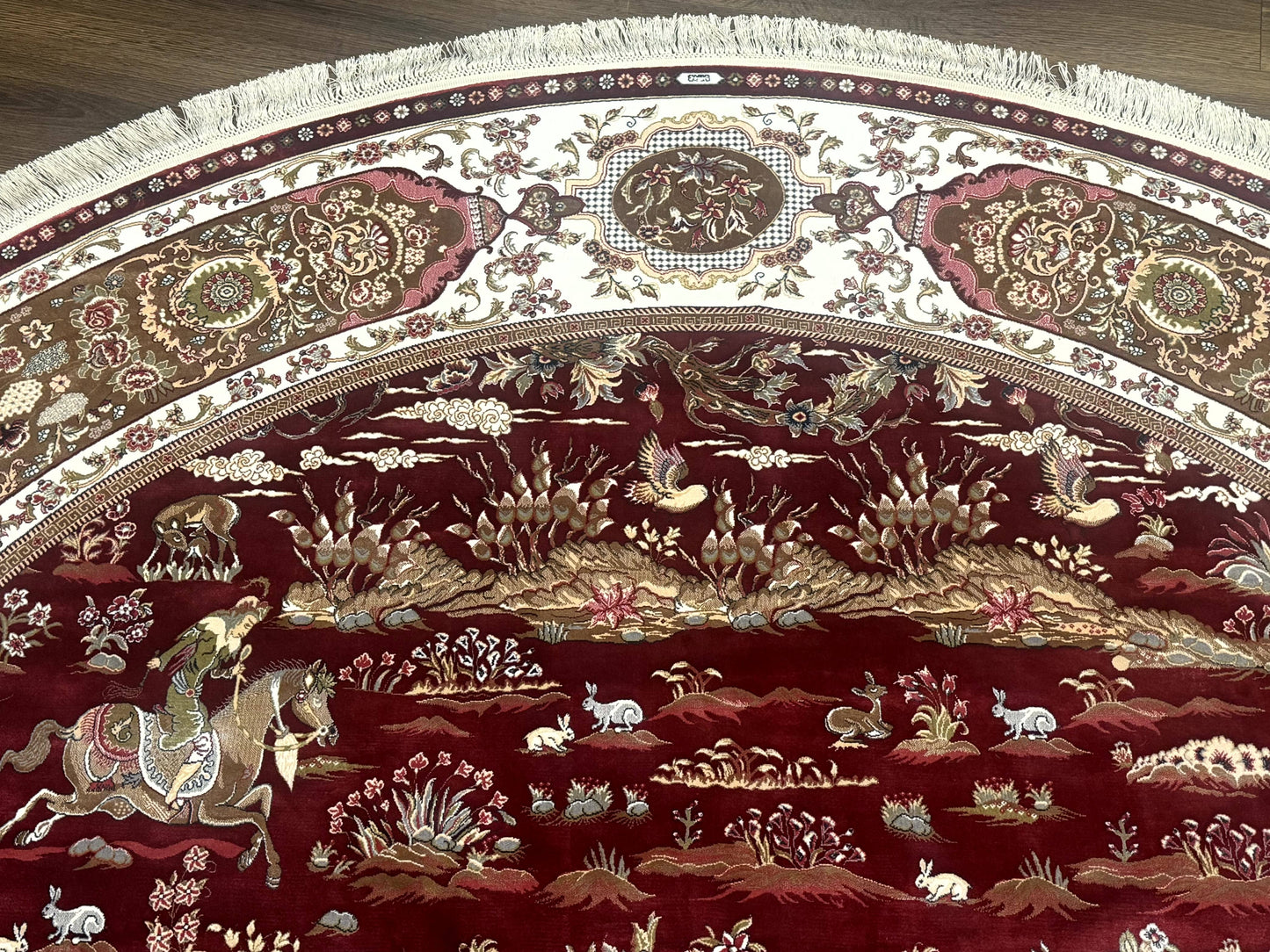 Large Round Turkish Silk Rug 8x8, Hunting Design, Dark Red & Ivory, Bamboo Silk - Nuvé
