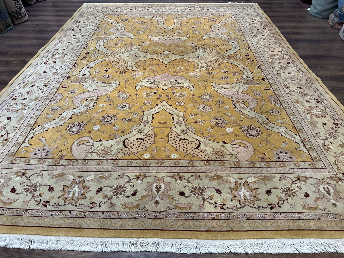 Sino Persian Rug 8x11, Wool with Silk Highlights, Unique Colors, Gold and Light Green, Fine 240 KPSI - Nuvé