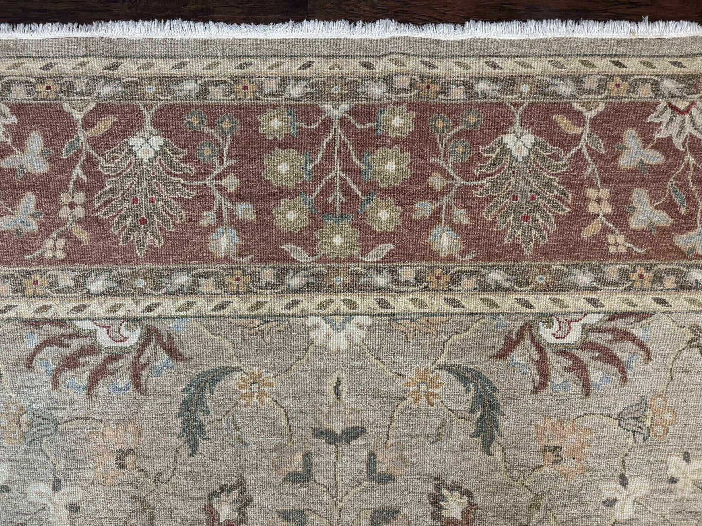 Large Turkish Soumak Rug 10x14, Flatweave Dhurrie, Handmade, Light Green and Salmon - Nuvé
