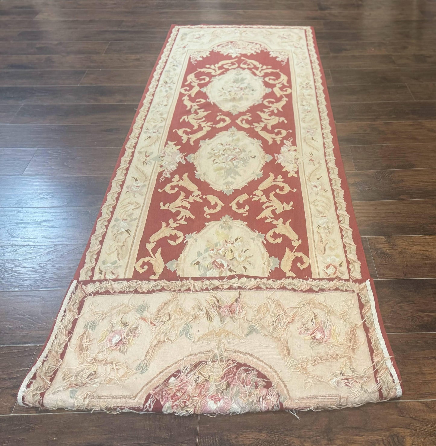 Aubusson Runner Rug 3x10, European Design, Red and Beige, Elegant, Handmade Wool Rug - Nuvé