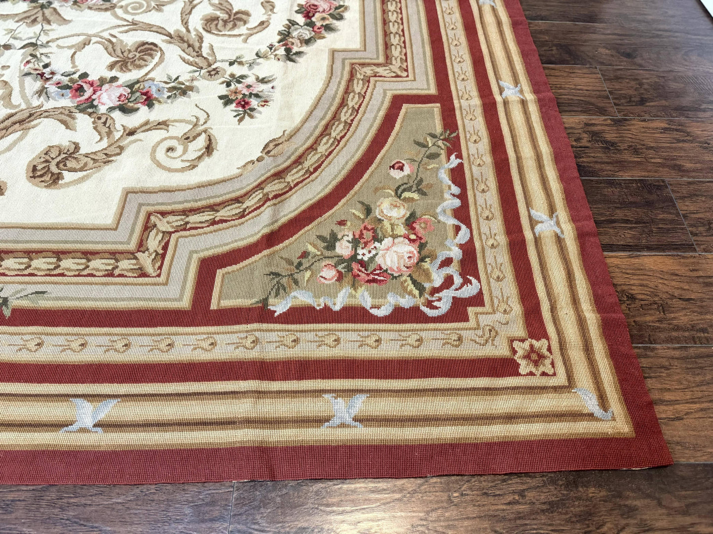 Aubusson Needlepoint Rug 9x11, Handmade Vintage Wool Flatweave Carpet, Elegant European Rug, Floral, Cream - Nuvé