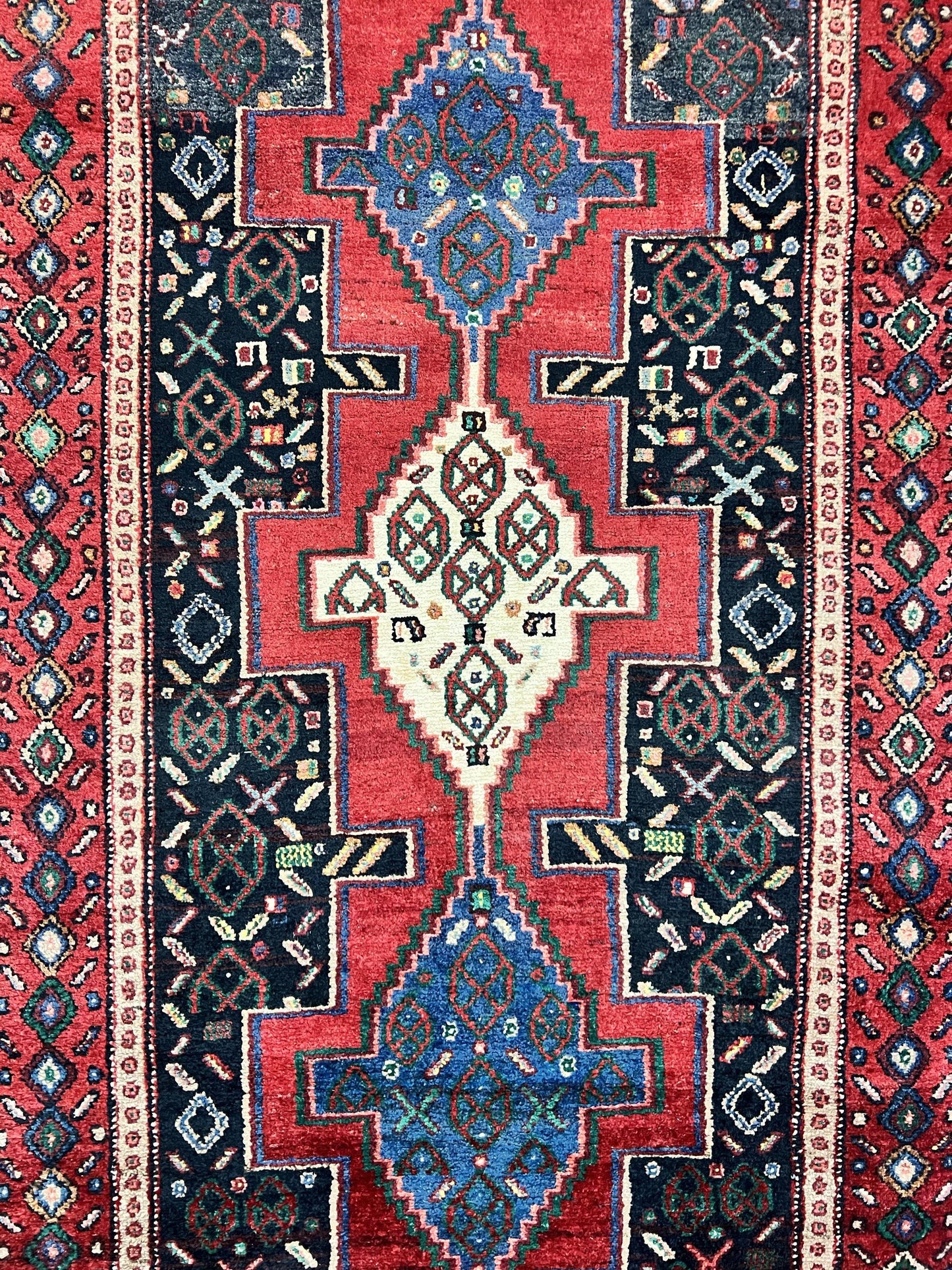 Persian Kurdish Senneh Runner Rug 3x9, Red Navy Blue, Medallions Wool Tribal Runner for Kitchen/Hallway 9ft Antique Handmade Oriental Runner - Nuvé