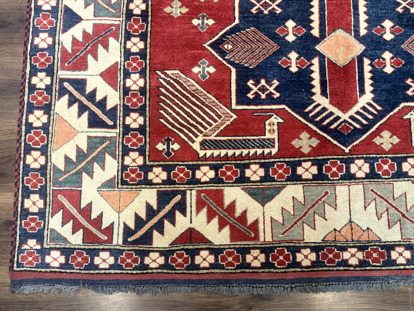 Turkish Kazak Rug 6x8, Caucasian Design, Geometric Medallions, Red Blue Beige - Nuvé