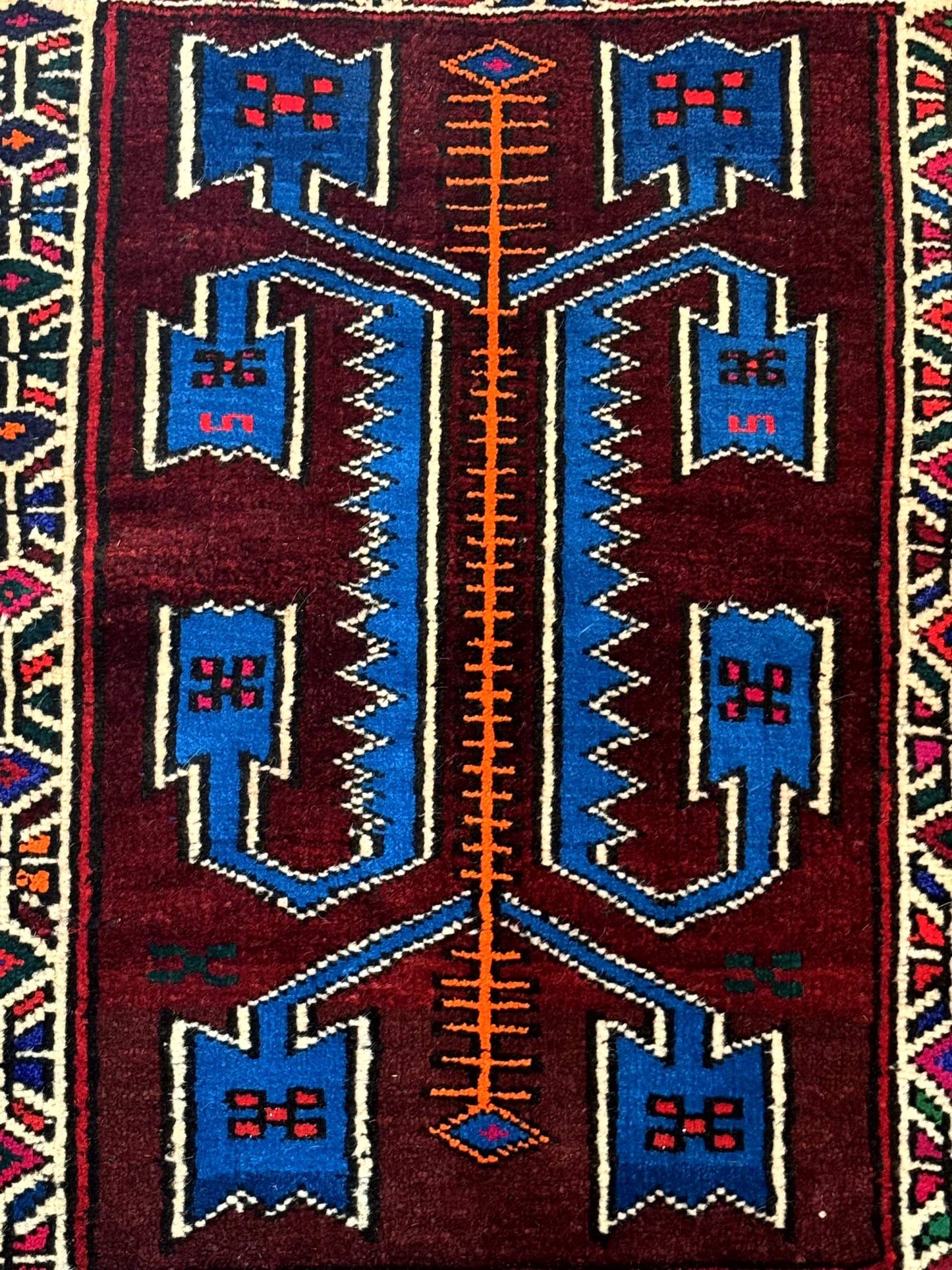 Persian Tribal Rug 1.8 x 2, Small Balouchi Rug, Unique Design, Burgundy and Blue - Nuvé