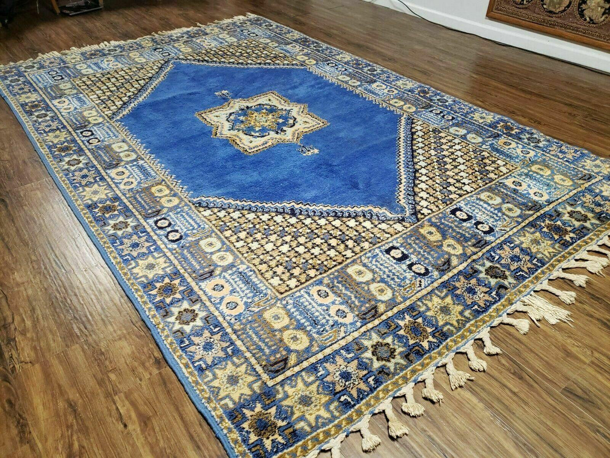 7' X 10' 5" Handmade Moroccan Urban Rabat Wool Carpet Blue Area Rug