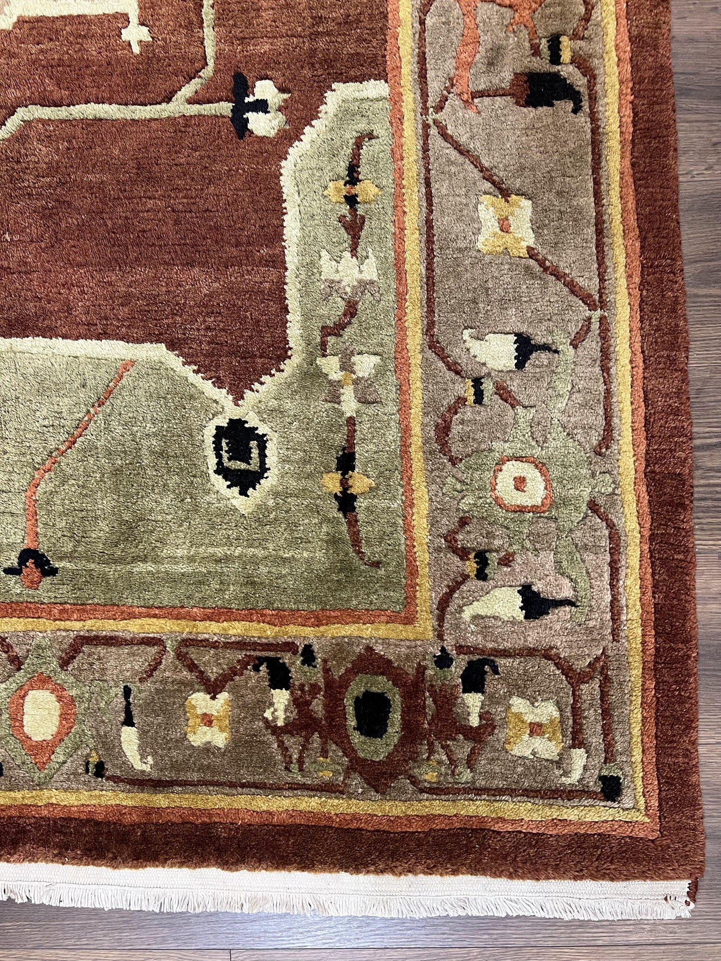 Tibetan Rug 7x10, Geometric Medallion, Red Green Taupe, Hand Knotted, Soft Wool Area Rug, Contemporary Carpet, Handmade Nepali Rug 7 x 10 ft - Nuvé