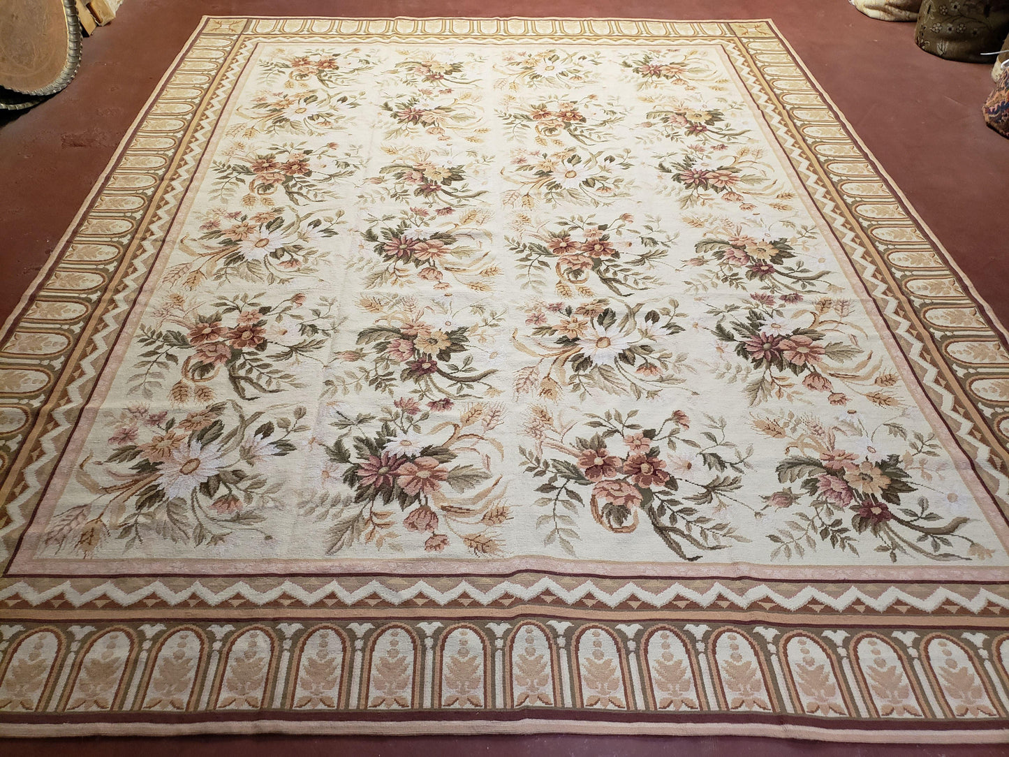 Needlepoint Rug 8x10 Aubusson Rug Victorian Floral Rug Handmade French Style French Decor Garden Panel Beige 8 x 10 Area Rug 100% Wool - Nuvé