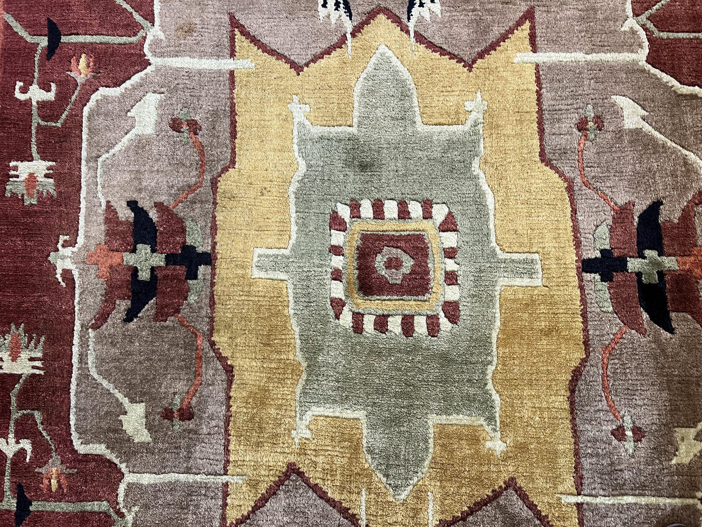Tibetan Rug 7x10, Geometric Medallion, Red Green Taupe, Hand Knotted, Soft Wool Area Rug, Contemporary Carpet, Handmade Nepali Rug 7 x 10 ft - Nuvé