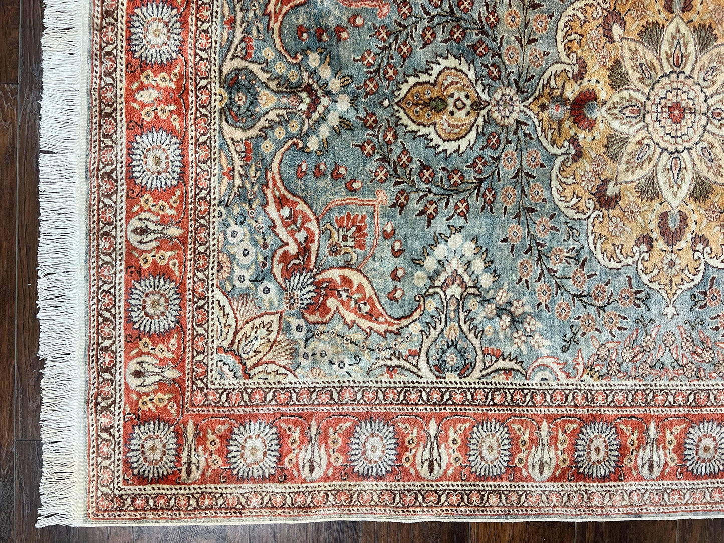 Silk Turkish Rug 5x7, Light Blue Silk Carpet, Floral Medallion, Turkish Kayseri Rug, Vintage Handmade Oriental Rug - Nuvé