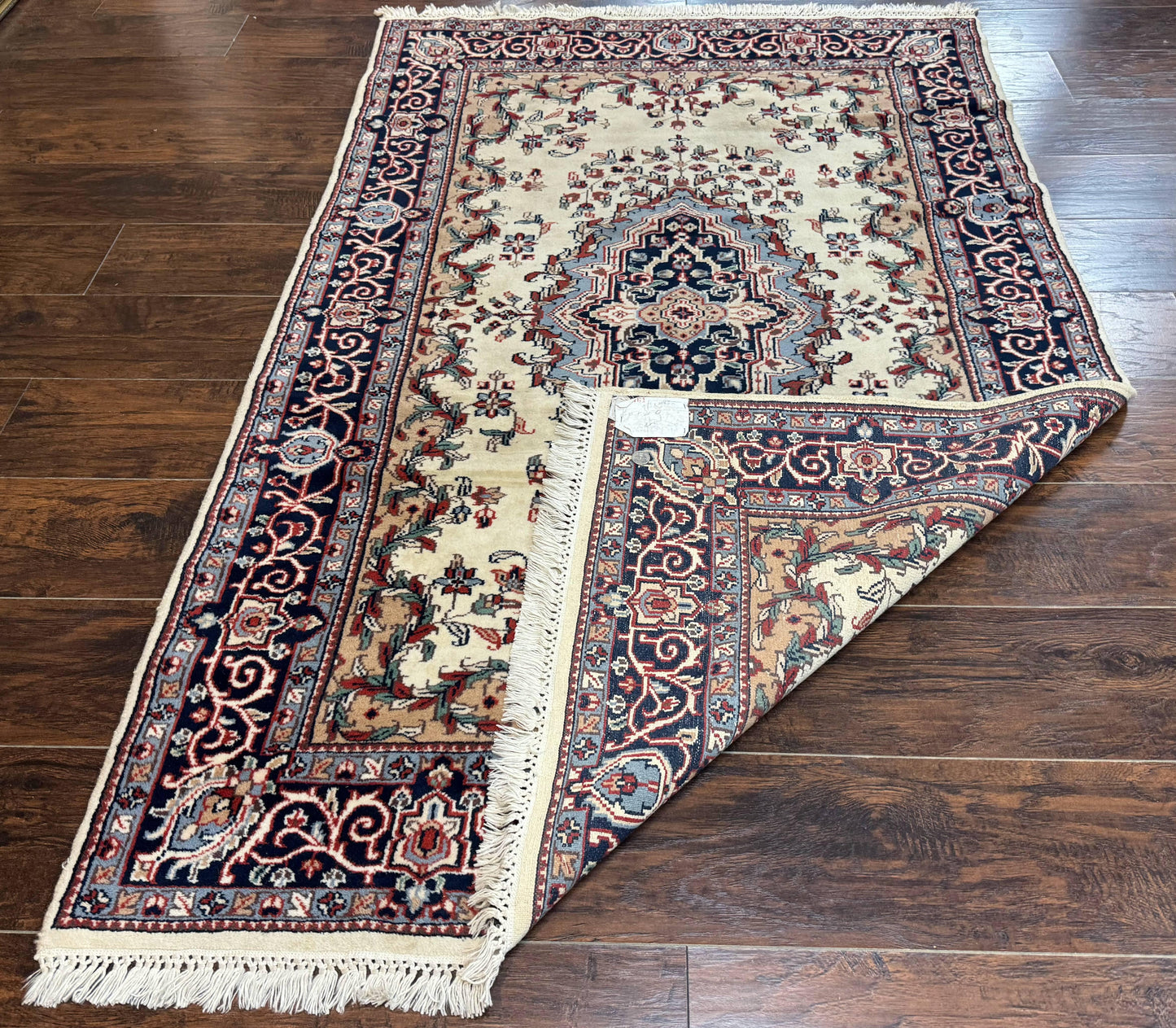 Indian Kashmiri Rug 4x6, Ivory Beige Navy Blue, Traditional Indo Persian Rug - Nuvé