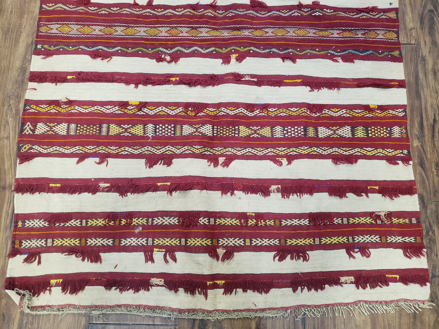Antique Turkoman Yamud Rug 3x5 ft, 1920s Turkmen Sofreh Table Cover, Bohemian Rug, Tribal Collectible, Striped Rug, Handmade Ivory and Red - Nuvé