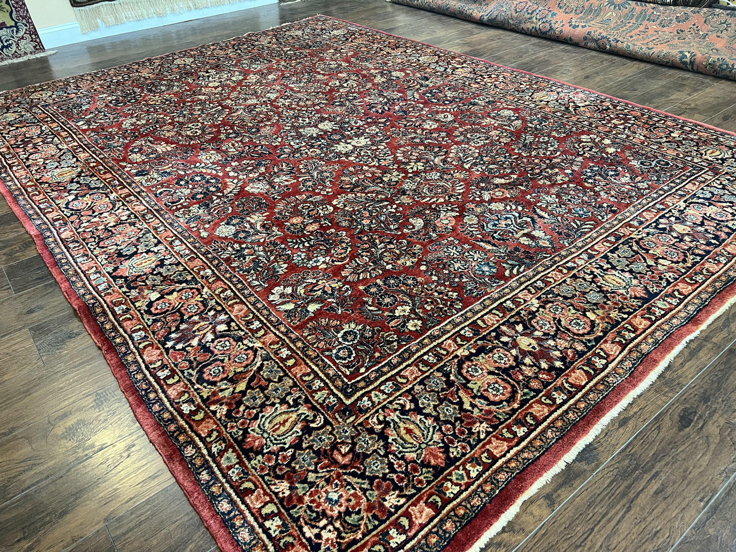 1920s Persian Sarouk Rug 9x12, Red Persian Carpet, High Quality Persian Rug, Allover Floral Pattern, Antique Oriental Rug, Wool Handmade Room Sized - Nuvé