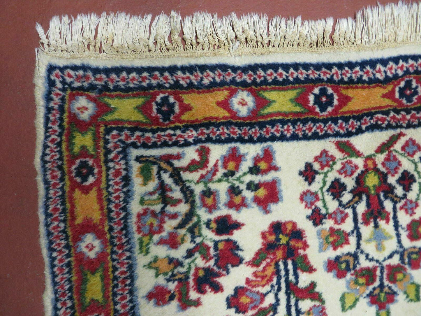 Small Persian Rug 2 x 3, Tiny Persian Sarouk Carpet, Cream Navy Blue Red, Floral Medallion, Vintage Wool Rug, Handmade Hand-Knotted Oriental Rug - Nuvé