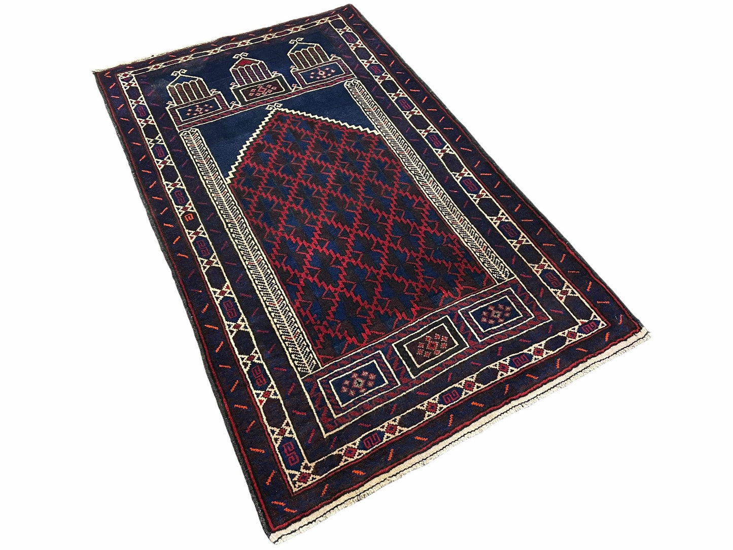 3x5 Vintage Handmade Tribal Wool Rug Balouchi Prayer Rug Afghan Rug Red Blue Wow - Nuvé