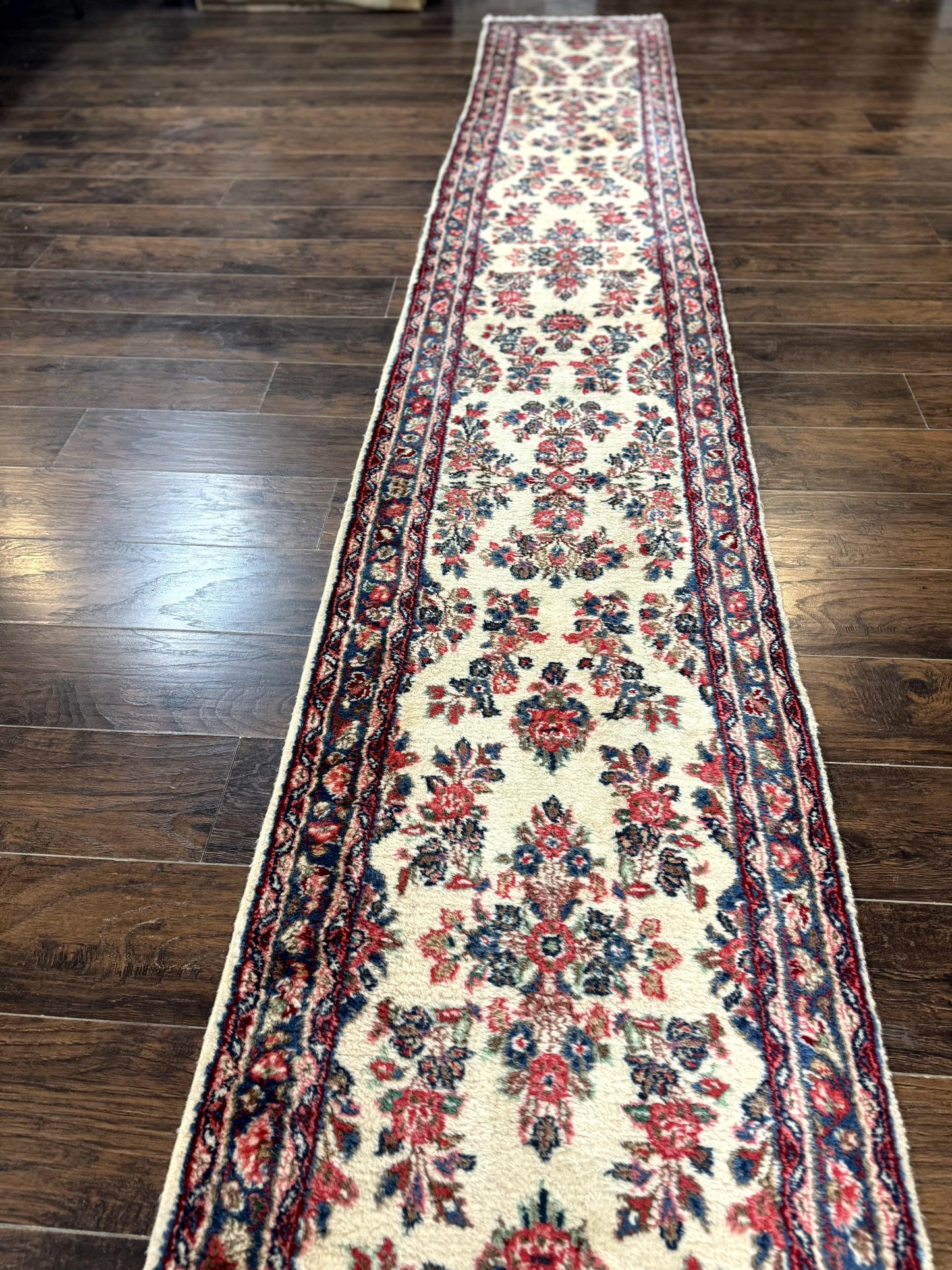 Persian Sarouk Runner Rug 2.4 x 21, Handmade Wool Floral Runner Rug for Hallway, 21ft Runner, Ivory - Nuvé