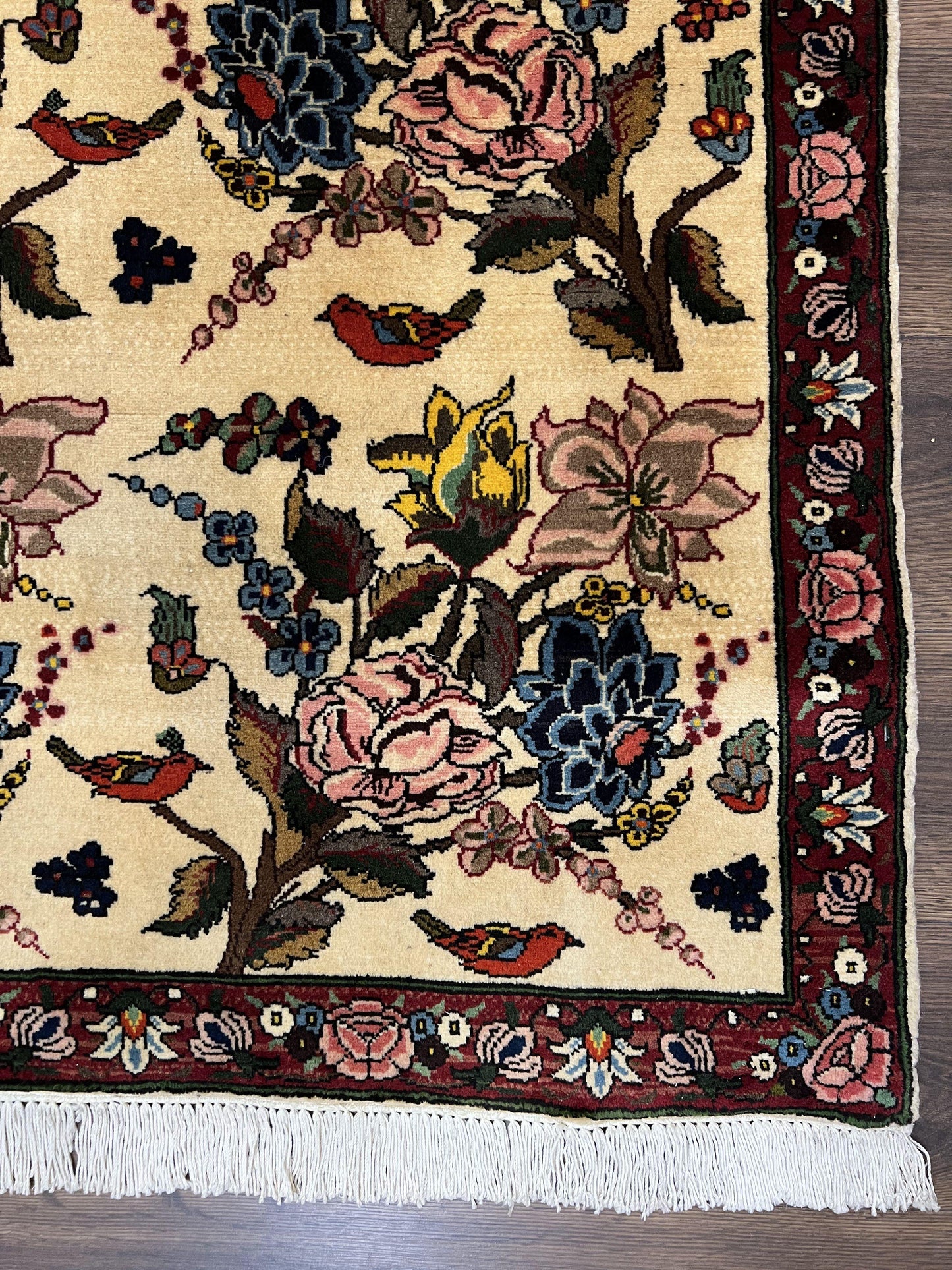 Persian Bidjar Rug 3.6 x 5 ft, Repeated Floral Motifs, Roses and Birds, Cream Burgundy, Fine Wool Oriental Bijar Carpet, Vintage Traditional Area Rug - Nuvé