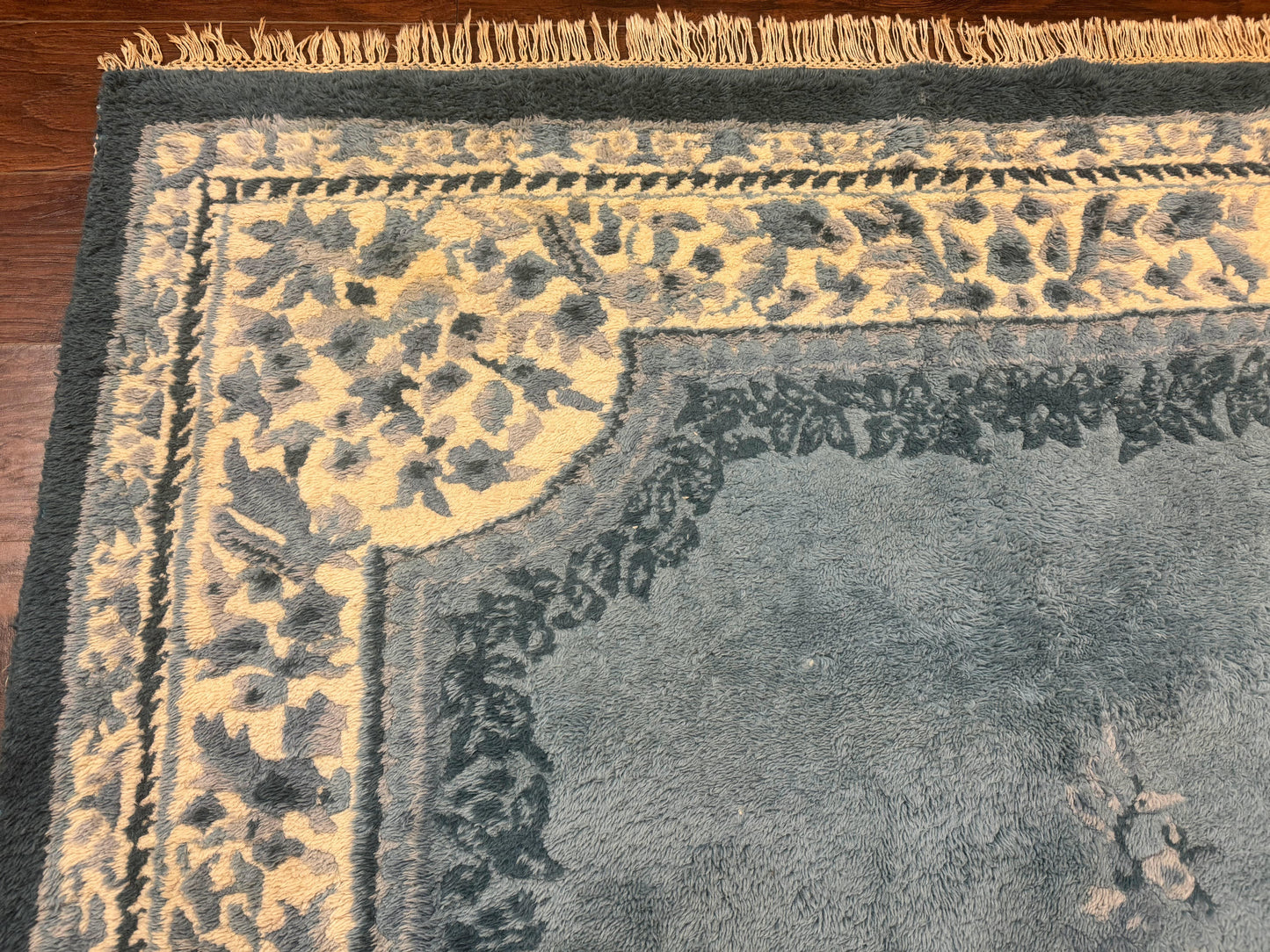 Indo Chinese Aubusson Rug 6x9, Light Blue and Ivory, Handmade Vintage Wool Carpet - Nuvé