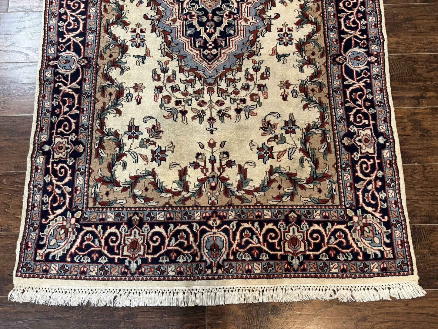 Indian Kashmiri Rug 4x6, Ivory Beige Navy Blue, Traditional Indo Persian Rug - Nuvé