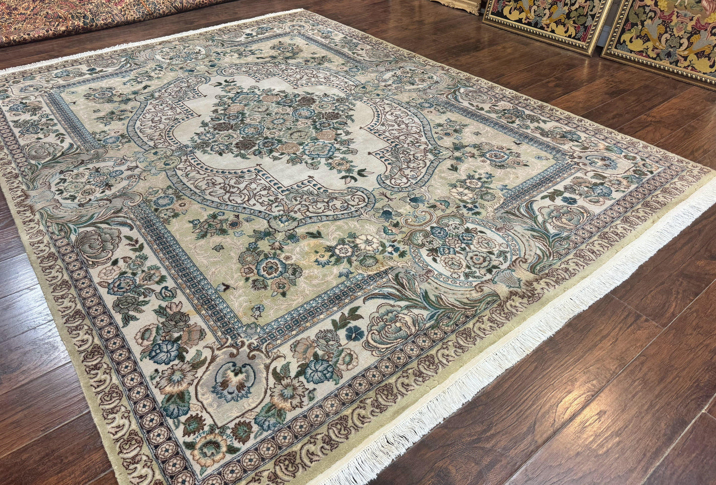 Pak Persian Rug 8 x 10.6, Elegant Oriental Carpet, Floral Medallion, Vintage Handmade Wool Rug, FIne 240 KPSI - Nuvé