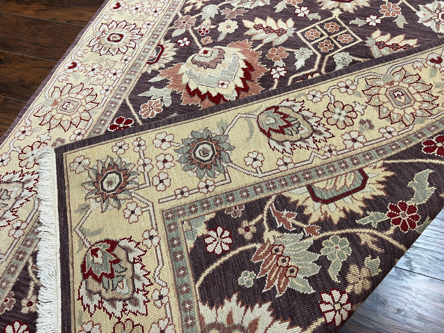 Vintage Indo Mahal Area Rug 6x9, Indian Persian Oriental Carpet 6 x 9, Puce Eggplant Tan Beige Rug, Hand-Knotted, Large Floral Design Wool - Nuvé
