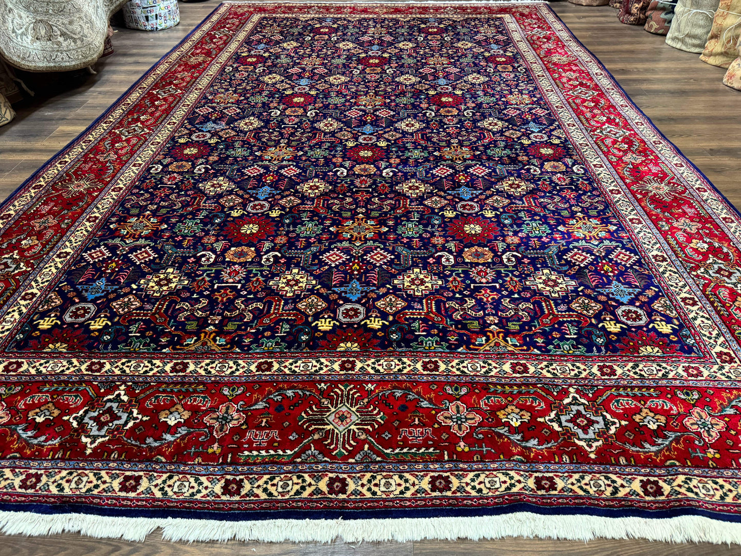 Large Persian Tabriz Rug 10x16, Navy Blue and Red, Allover Pattern, Vintage Hand Knotted Wool Carpet - Nuvé
