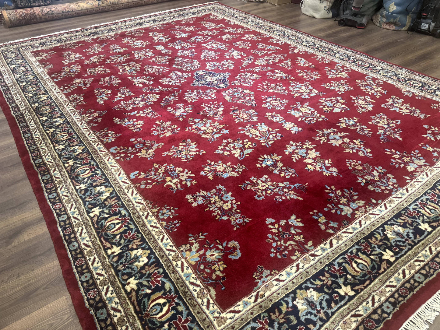Indo Persian Sarouk Rug 10x14, Large Red and Navy Blue Carpet, Traditional Floral Wool Rug - Nuvé