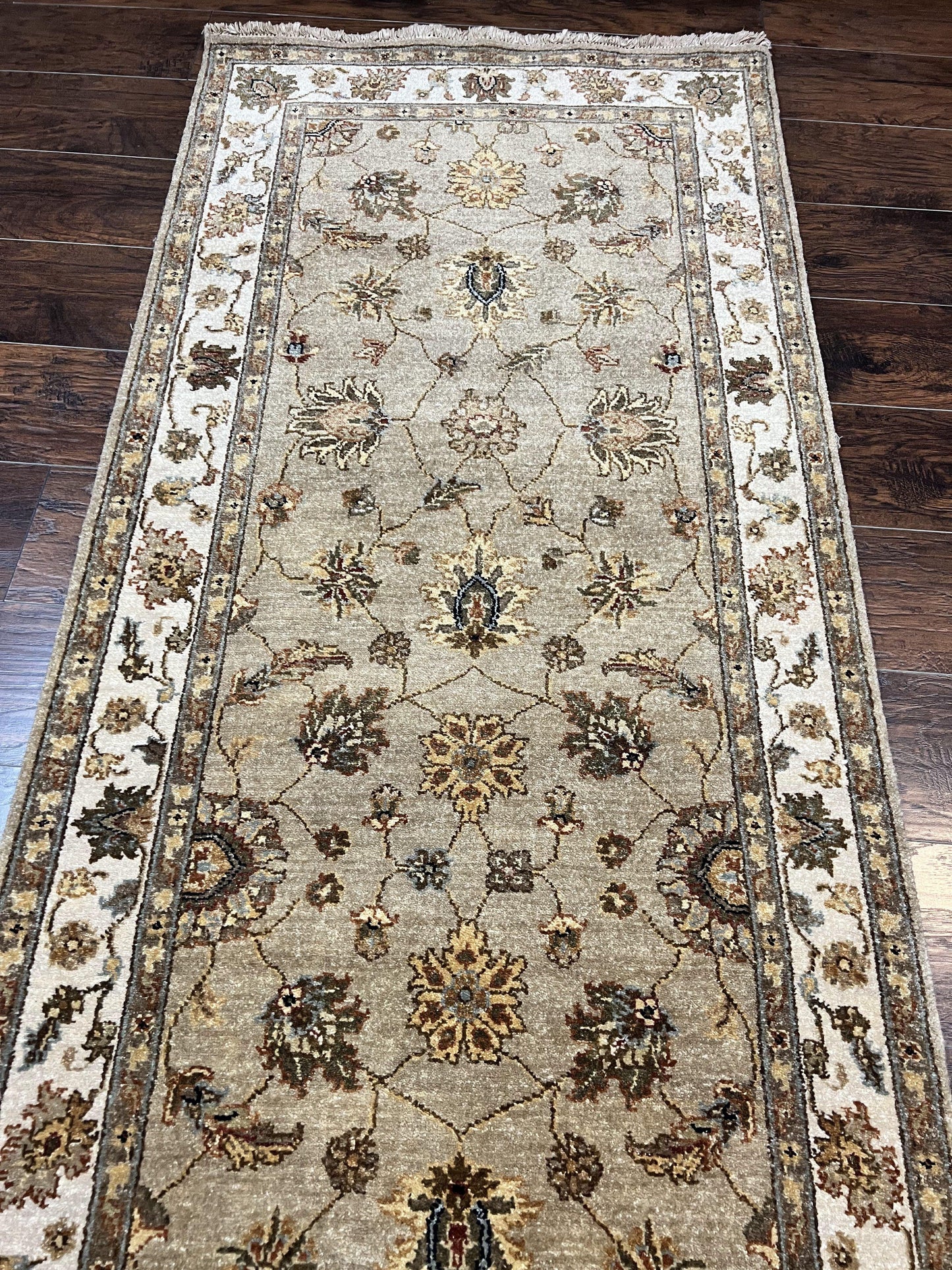 Peshawar Runner Rug 3 x 20, Wool Hand Knotted Vintage Pakistani Carpet, Olive Green & Ivory, Extra Long 20ft Hallway Runner, Floral - Nuvé