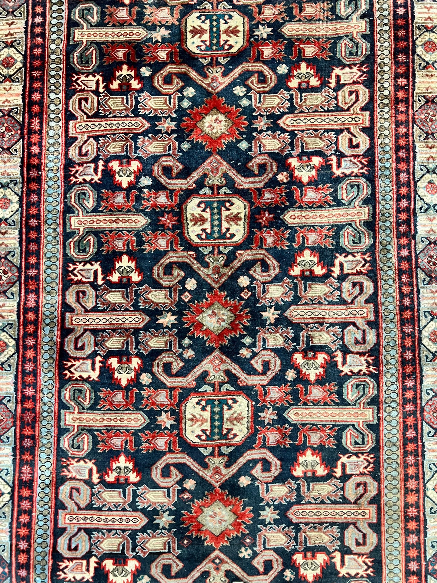 Persian Wide Runner Rug 4.8 x 10, Persian Kalegi Ardabil Rug, Perpedil Caucasian Rug, Antique Handmade Wool Carpet, Navy Blue Red, Tribal Rug - Nuvé