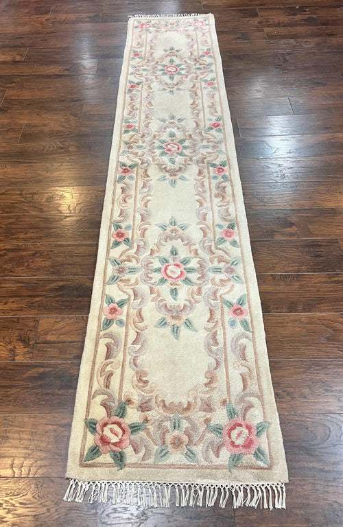 Chinese Aubusson Runner Rug 2.4 x 11, Hand Tufted Beige Floral European Design Hallway Rug, Elegant Rug, Vintage Wool Rug 11ft Long - Nuvé