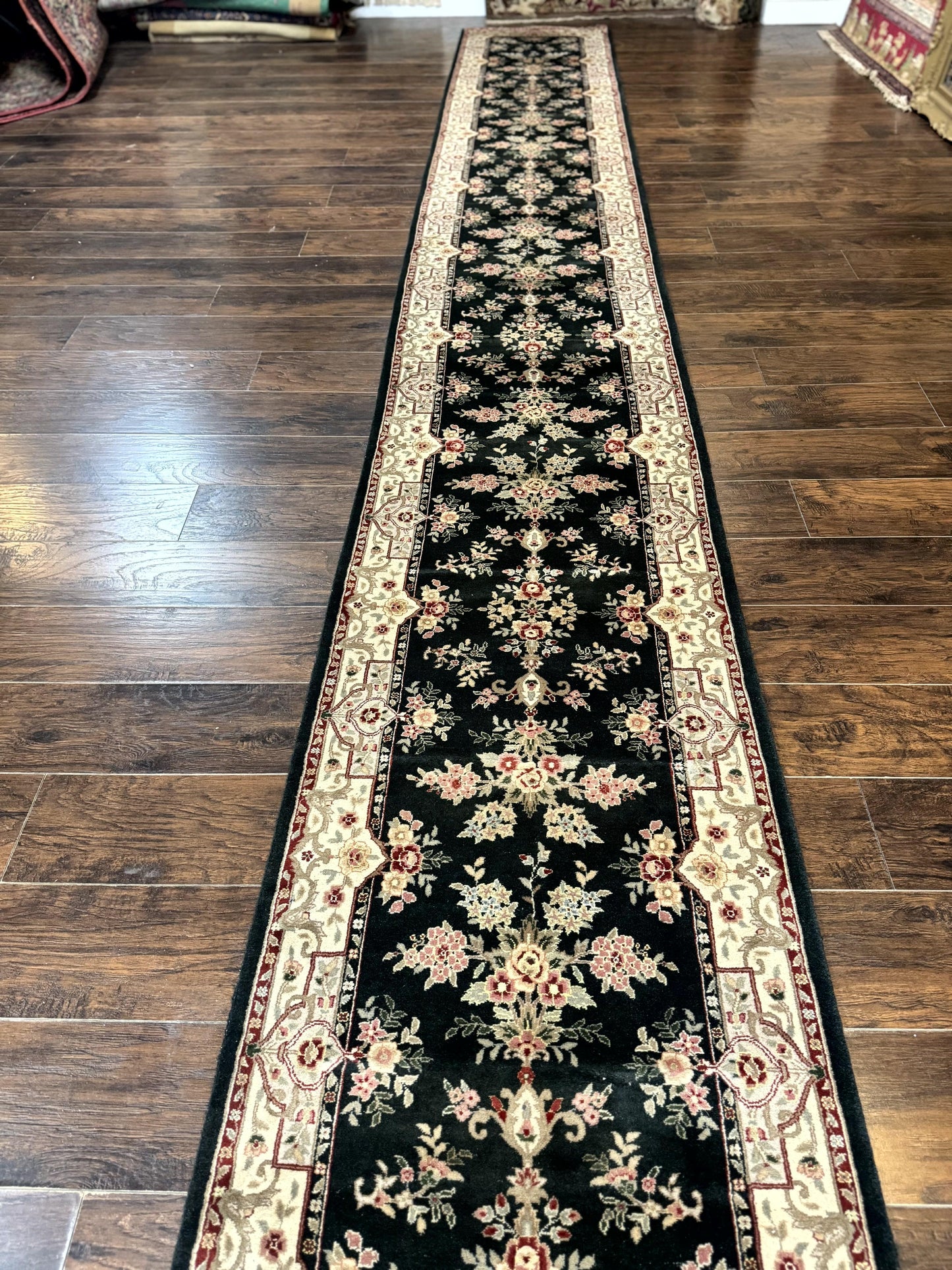 Long Pak Persian Runner Rug 2.7 x 21, Floral Allover, Dark Green and Beige, Handmade Wool Runner Rug, 21ft Runner for Hallway - Nuvé