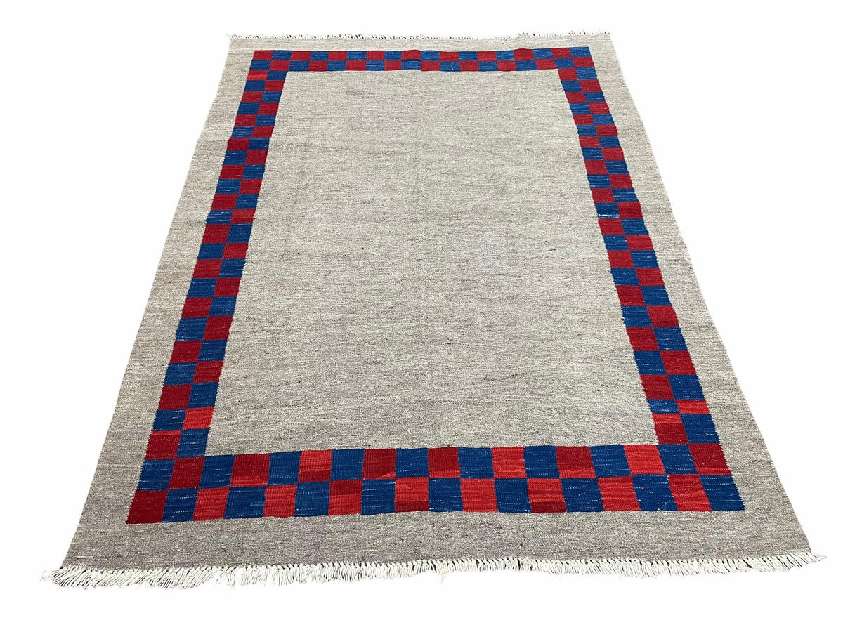 5' 7" x 7' 9" Geometric Kilim Carpet, Gray, Handmade, Hand-Knotted Area Rug, Blue & Red, Flatweave, Wool, New, Checkerboard Pattern
