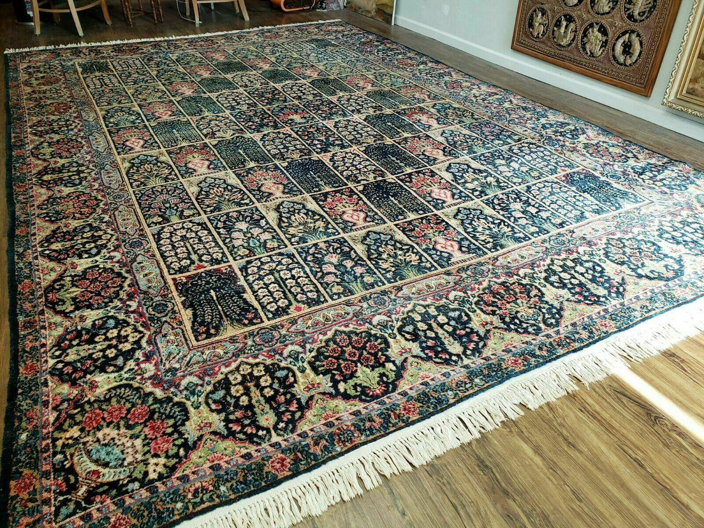 Persian Rug 10x15, Authentic Oriental Carpet 10 x 15, Wool Area Rug Panel Design Hand-Knotted Vintage Kirman Yazd Rug, Dark Blue and Beige, Floral - Nuvé