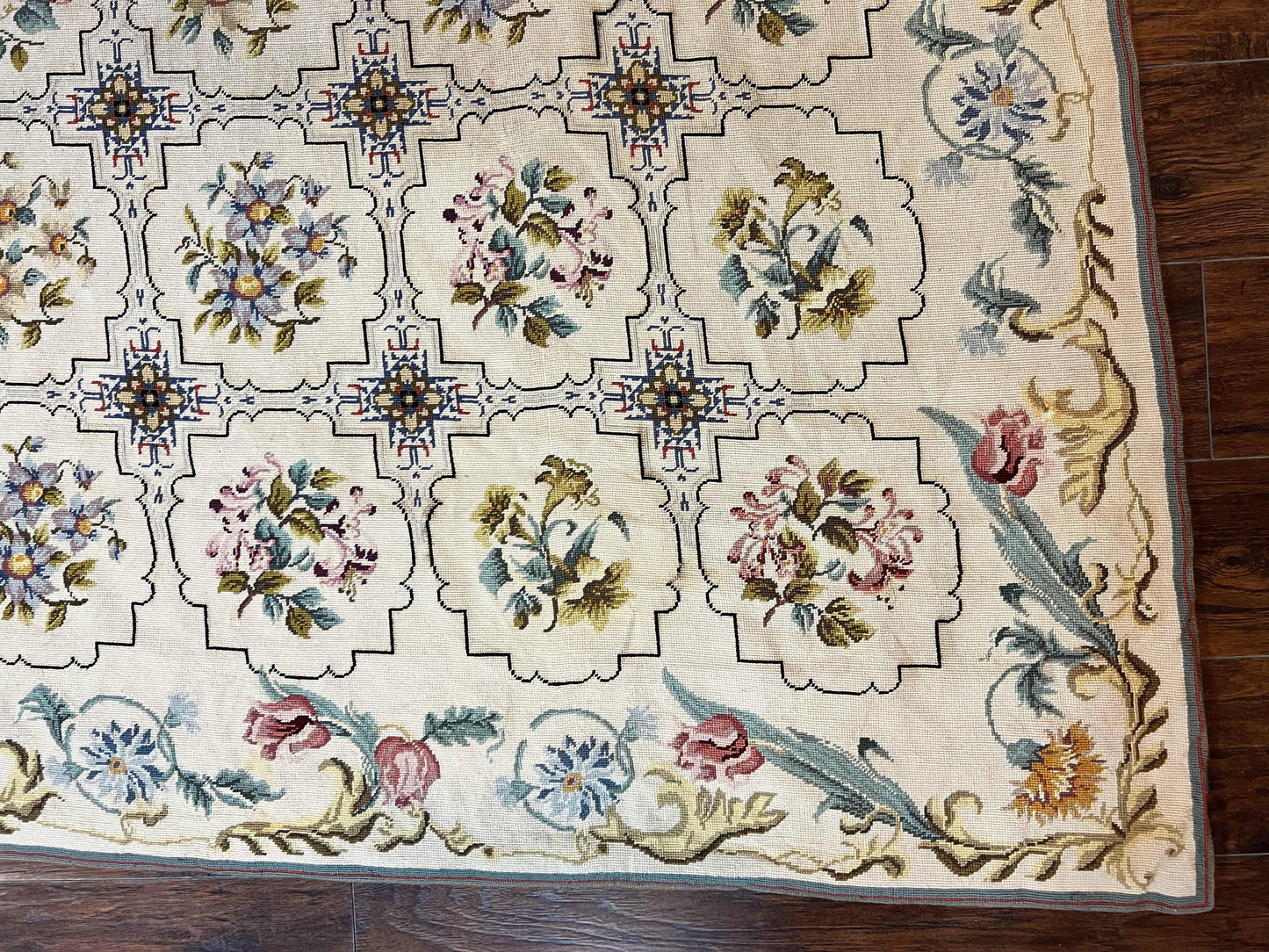 Needlepoint Rug 10x14, Wool Handmade Vintage Needlepoint Carpet, Floral Panel Design, Ivory/Cream - Nuvé