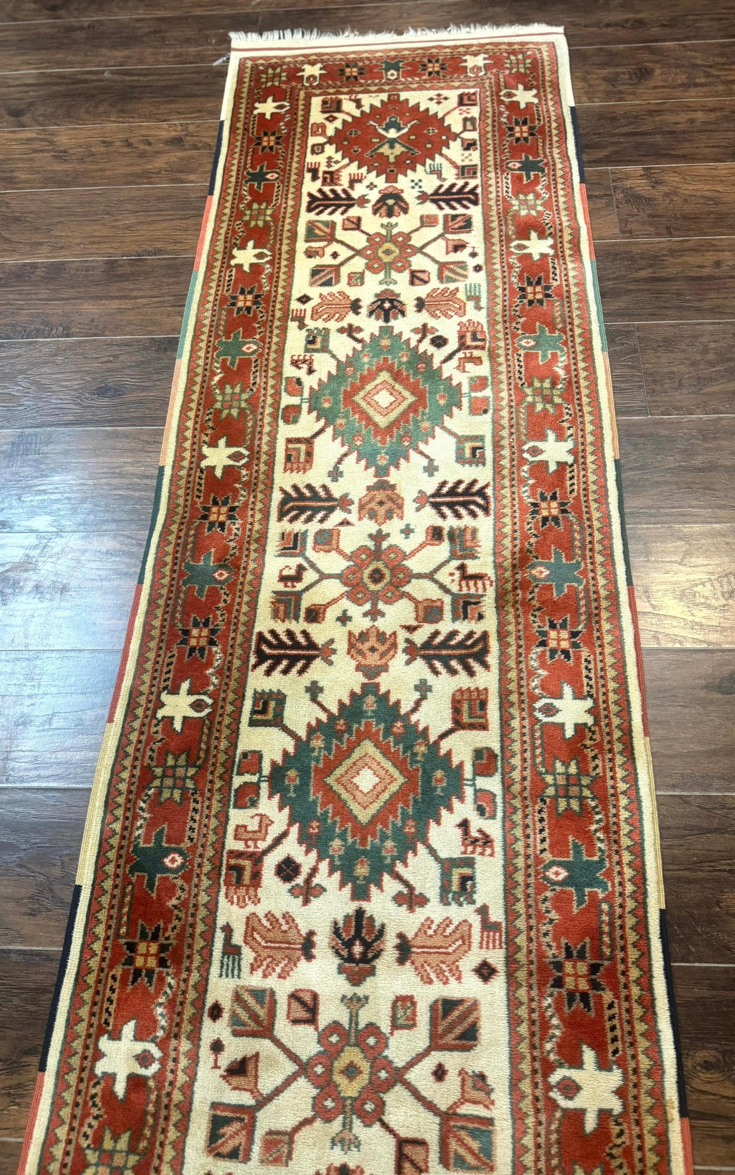 Turkish Runner Rug 2.4 x 8, Kazak Geometric Heriz Pattern, Beige Red - Nuvé