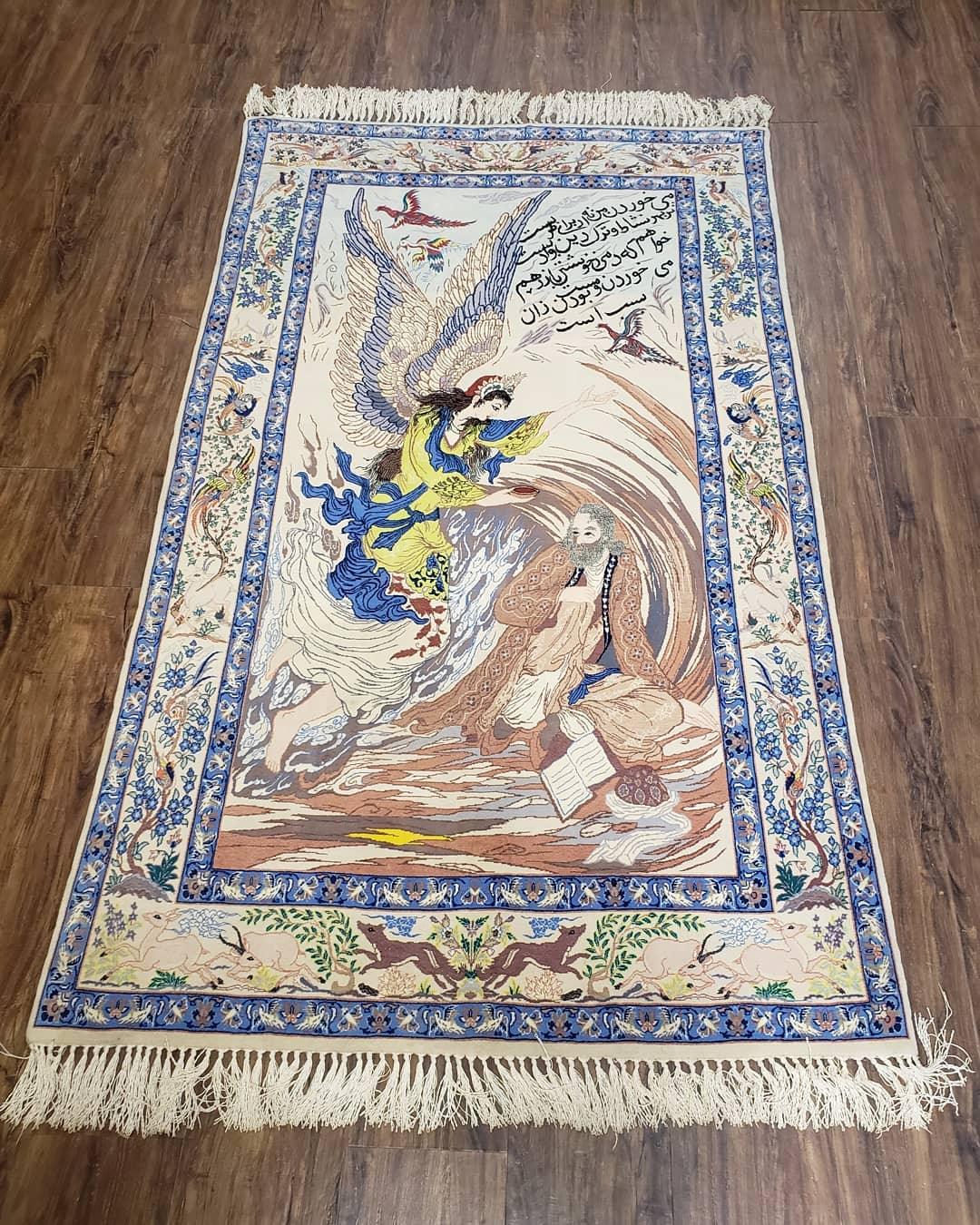 Semi Antique Persian Pictorial Rug 3'6" x 6", Angel Speaking to Prophet, Kork Wool on Silk Foundation, Detailed, Animals, Poetry, Wall Hanging Rug - Nuvé
